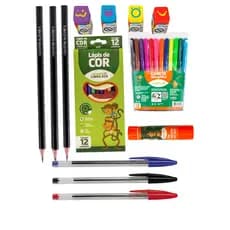 Klt Material Escolar 12 Lapis D Cor -3 Canetas Bic -12 Canetinhas - 4 Borrachas Joy e 3 Lápis Preto e 1 Cola Bastão 10g