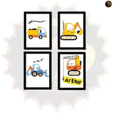 Kit Quadros Decorativos 4 Pçs Carros Maquina Construção Obra Criança Infantil Brinquedo Com Nome