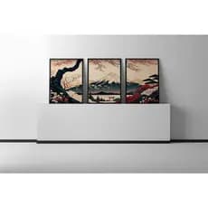 kit Quadros Decorativos Mosaico 3 Peças Trio Paisagem Arte Oriental Japonesa Minimalista Delicada Montanha Árvore Vida Modular Vintage Luxo