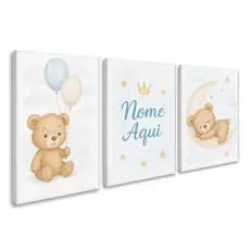 Kit Quadro Decorativo Urso de Pelúcia Decoração Quarto Infantil Criança Menino Garoto Azul Nome