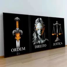 Kit Quadros Decorativos Mosaico 3 Peças Deusa da Justiça Frase Ordem Direito Profissão Advogado Juiz