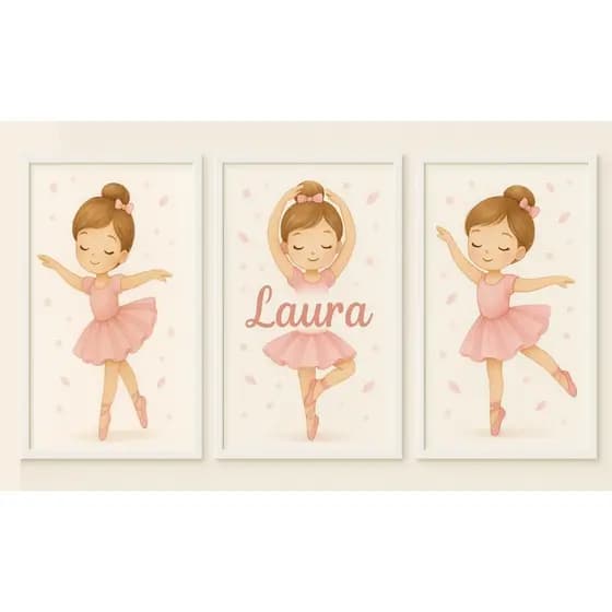 Kit Quadro Decorativo Bailarina 3 Peças Dança Menina Garota Nome Personalizado Rose Decoração Quarto