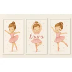Kit Quadro Decorativo Bailarina 3 Peças Dança Menina Garota Nome Personalizado Rose Decoração Quarto