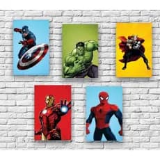 Kit Quadros Decorativos Mosaico 5 Peças Vingadores Heróis Homem Aranha Avengers Homem de Ferro Capitão America Hulk Thor Infantil Criança Desenho