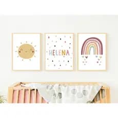 Kit Quadros Decorativos Infantil Boho Sol Arco Íris Quarto Criança Bebe Personalizado com Nome
