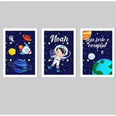 Kit Quadros Decorativos 3 Peças Personalizado Astronauta Azul Planetas Infantil Bebê  Nome Criança