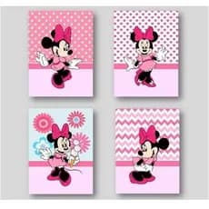 Kit Quadros Decorativos Mosaico 4 Peças Minnie Menina Criança Infantil Quarto Bebe Girl Garota Rosa