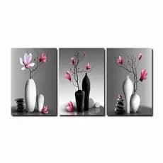 Kit Quadros Decorativos Mosaico 3 Peças Trio Vaso de Flores Flor Floral Modular Moderno Vintage Lindo Hipismo Minimalista Sala Quarto Escritório Banheiro Abstrato Orquídea Rosa Antigo Conceitual Lindo