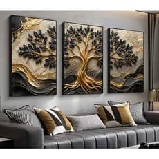 Quadro Decorativo Árvore da Vida Preta e Dourada Gold Arte Traços Delicado 3 Pçs 92x50 cm Grande