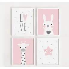 Kit Quadros Decorativos Mosaico 4 Peças Rosa Rose Menina Girl Criança Infantil Girafa Urso Estrela Quarto Desenho Minimalista Frase Sonho