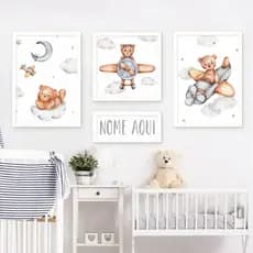 Kit Quadros Decorativos Trio Aviação Urso Avião Nome Personalizado Céu Estrela Infantil Criança Mini