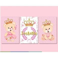 Kit Quadros Decorativos Mosaico Trio Menina Garota Criança Infantil Urso Rosa Rose Personalizado