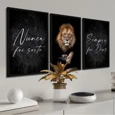 Kit Quadros Decorativos Mosaico 3 Peças Trio Frase Nunca Foi Sorte Sempre Foi Deus Salmo Leão Judá