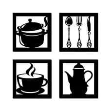 Kit Quadros Decorativos 4 Peças Cantinho da Cozinha Decoração Cozinheiro Panela Talher Bule Desenho