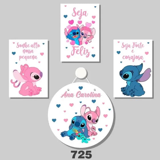 Kit Quadros Decorativos Bebê com 4 Peças Personalizadas Nome Frase e Porta Maternidade Lilo Stitch