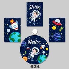 Kit Quadros Decorativos 4 Peças Infantil Frase Salmo Astronauta Porta Maternidade Nome Personalizado
