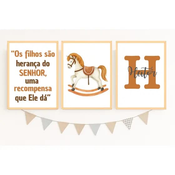 Quadros Decorativos Cavalinho Nome Personalizado Oração Infantil Fofo Aquarela Marrom Lindo