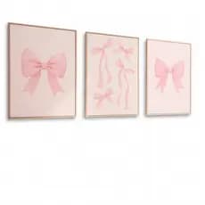 Kit Quadro Decorativo Laço Rose Rosa Arte Abstrata Delicada Minimalista Decoração Quarto Menina