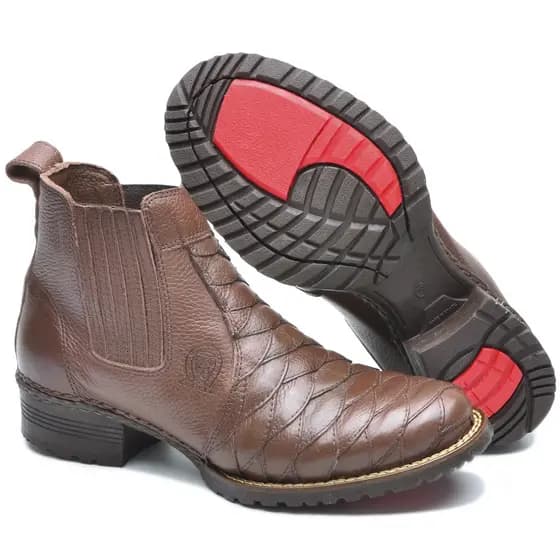 Botina Bota Masculina Escamada Em Couro Legítimo Cowboy Peão Bico Redondo Couro Nobre Antistress Confort Top