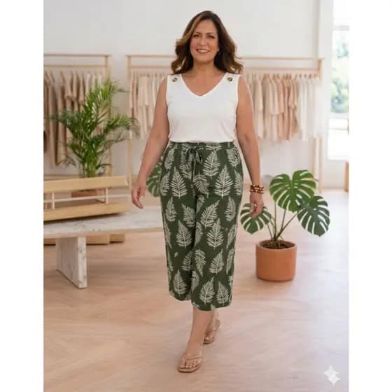 Conjunto Plus Size Feminino Calça Curta Pantacourt e Regata Estampada Roupa Plus Size - Conjuntinhos de Verão