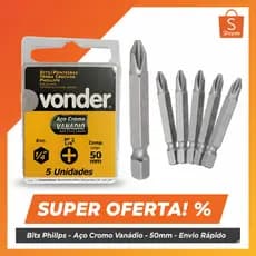 Estojo com 5 Pontas Bit Philips Ph2 Aço Cromo Vanádio 1/4 Sextavada