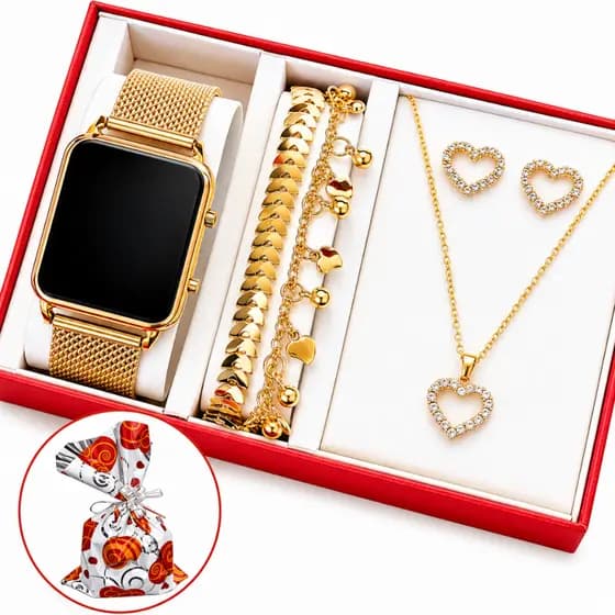 Relógio Feminino Digital de Led + Colar Brincos Folheado Ouro + Pulseira Feminina com Caixa - Presente dia dos namorados