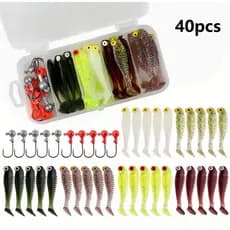 Kit de Iscas Artificiais de Silicone + Anzóis Cabeça de Chumbo – 40 Peças | Pesca Esportiva e Marinha