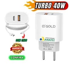 Carregador 40W Turbo com Cabo Tipo C A'Gold Usbc Quick Charger 3.0 Saida 9.1A