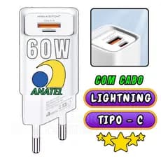 Carregador Turbo 60W QC 4.0 + PD 30W Dupla Entrada Anatel Original Rápido iPhone e Android