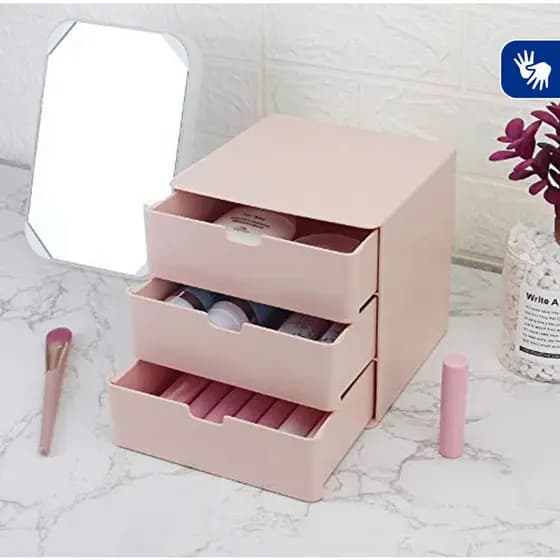 Organizador de vaidade de 3 gavetas, gavetas de organização de armazenamento compacto tamanho pequeno rosa