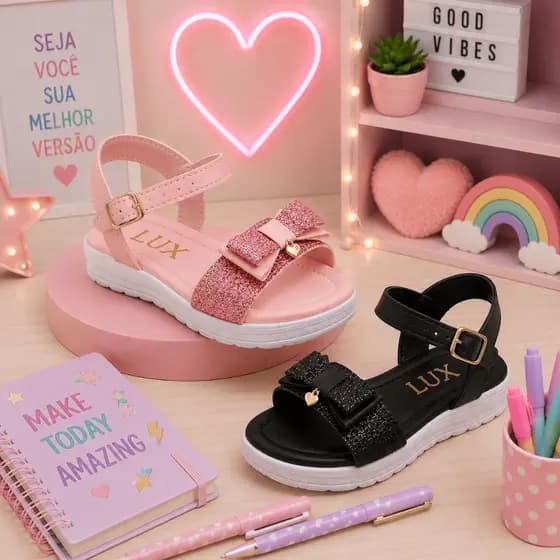 Kit 2 Pares Sandália Rasteira Infantil Menina com Glitter 20 ao 36 Confortável Leve Dia das Crianças