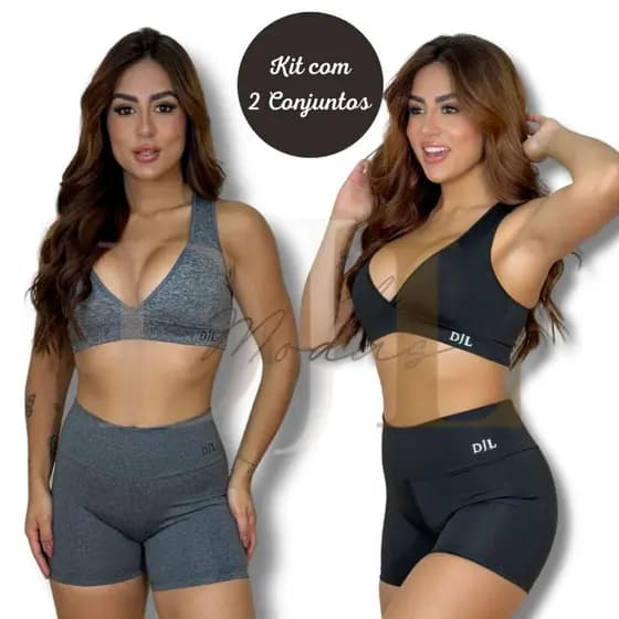 kit 2 Conjunto Fitness Top e Short Feminino Academia Bermuda LeggingTops Bermuda Fitness