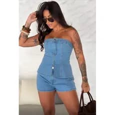 Conjunto feminino jeans cintura alta  (cropped + short )moda blogueira