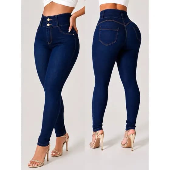 Calça Jeans Feminina Cintura Alta com Elastano Modeladora Levanta Bumbum Skinny com Botões e elástico na cintura