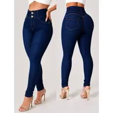 Calça Jeans Feminina Cintura Alta com Elastano Modeladora Levanta Bumbum Skinny com Botões e elástico na cintura