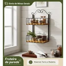 Fruteira de parede 2 andar Prateleira de parede para frutas Artesanato em Ferro e madeira