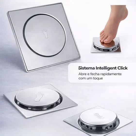 Ralo Inteligente Click Inox 10x10 Quadrado Redondo Veda Cheiro Banheiro Lavabo Lavanderia