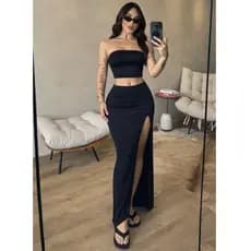Conjunto Cropped tube Faixa Tomara que Caia e Saia Longa Longuete Com Fenda Lateral Envio Imediato