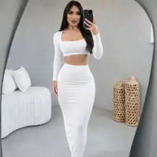 Conjunto Saia e Blusa Cropped Feminina Manga Longa Inverno Decote Quadrado - Tecido Suplex Confortável, Tamanho Único