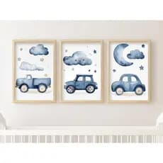Kit 3 Quadros Decorativos Placas Quarto Infantil Carrinhos Azuis
