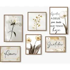 Kit 6 Quadros Decorativo Mdf Sala Grande Folhas Flores claras abstrato frases amor gratidão