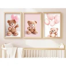 Kit 3 Quadros Decorativos Quarto Infantil ursinho Menina Feminino Decoração Bebe Moldura Parede