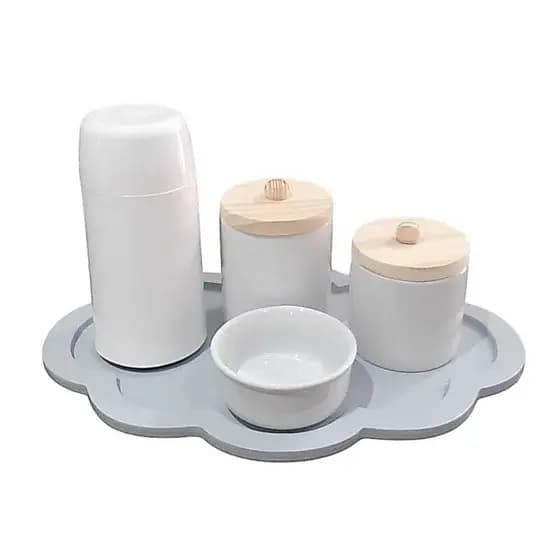Kit Higiene Bebê porcelana potes com tampa garrafa térmica bandeja nuvem cinza menino maternidade