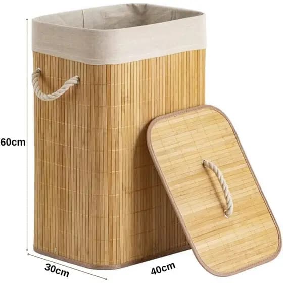 Cesto De Roupa Suja Bambu dobravel organizador banheiro 60 cm com tampa