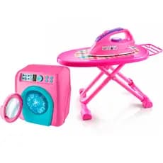 BRINCANDO DE LAVAR E PASSAR, KIT COM MAQUINA DE LAVAR ROUPA E TABUA DE PASSAR, FERRO E CABIDE, BRINQUEDO FAZ DE CONTA