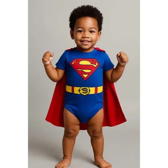 Body Com Capa Removível Super Man Infantil Tamnhos 1 / 2 / 3 Anos Crinaça Bebê Super Herói Fantasia