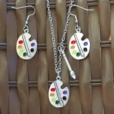 Conjunto Brincos + Colar Paleta de Cores Professores de arte Pintores Artistas Kit Artes Pingentes paleta pincel