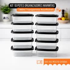 Kit 10 Potes Marmitas 1L 1kg Tampa Color -> BPA FREE Vasilhas Freezer Microondas banho maria lavavel