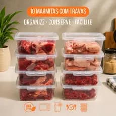 Kit 10 Potes Marmitas 900ml com Travas Laterais Congela Fácil BPA FREE Fitness Empilhável Com Tampa