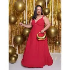 Vestido Longo Plus Size Feminino Decote V Alça Grossa 3 Marias Babado Elegante Festa Madrinha Casamento Presente Premium